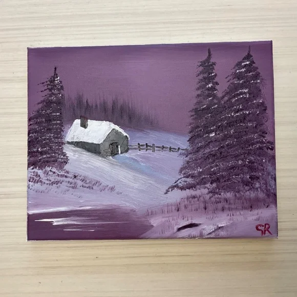 Cabin in the Woods Snowy Scene Purple Sky Oil Painting 8x10 - Picture 6 of 10